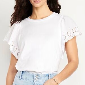 Old Navy White Cutwork-Sleeve Mixed Fabric Top Size XL TALL